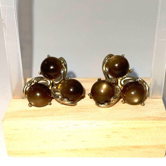 Vintage Jewelry Gold Toned tigers eye Brown Stone Clip On Earrings Cluster B#18 - Picture 11 of 13